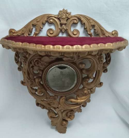 Magnificent Vintage "Syroco wood" wall shelf with small bevelled mirror