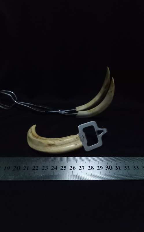 Vintage tusk bottle opener and tongs