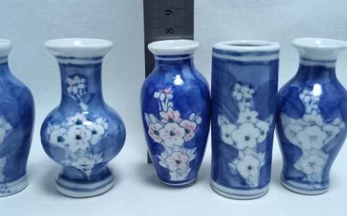 Five cute mini blue and white vases
