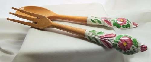 Vintage porcelain and wood salad servers