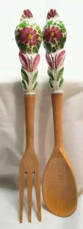 Vintage porcelain and wood salad servers
