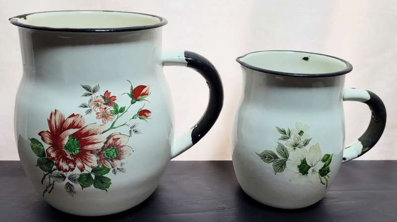 Two stunning vintage Enamel jugs