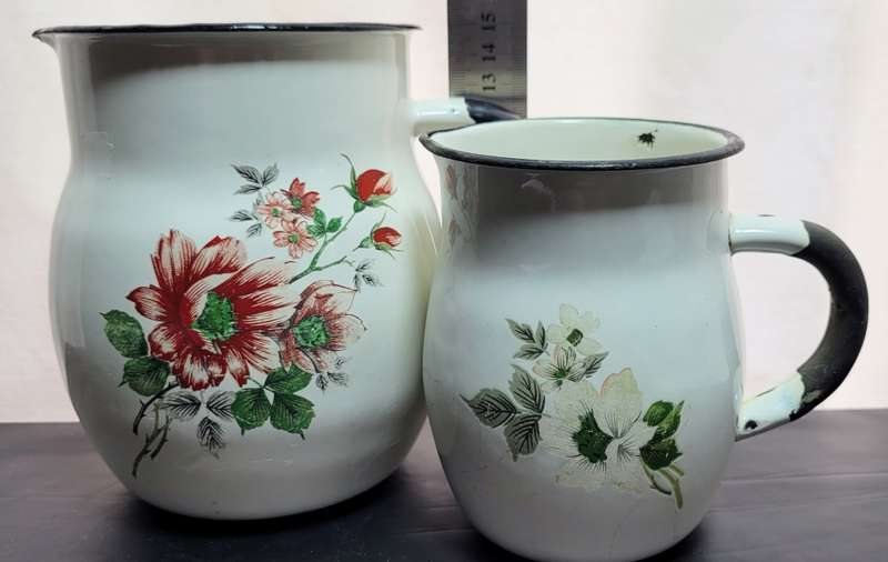 Two stunning vintage Enamel jugs