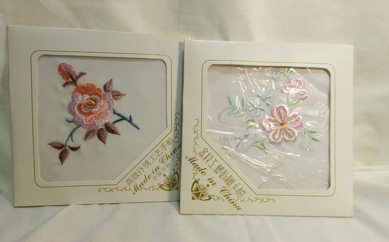 Two Vintage embroidered handkerchiefs in original packaging