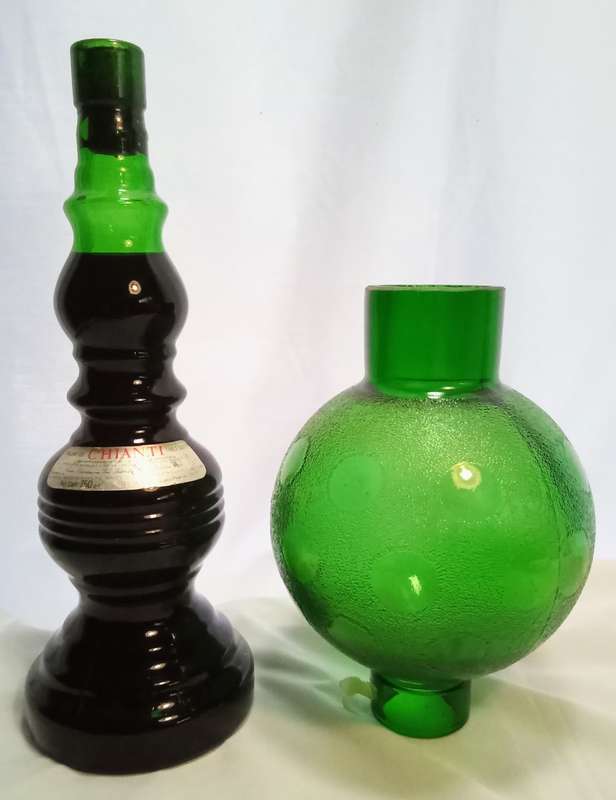 Beautiful vintage green glass Chianti wine bottle with glass shade