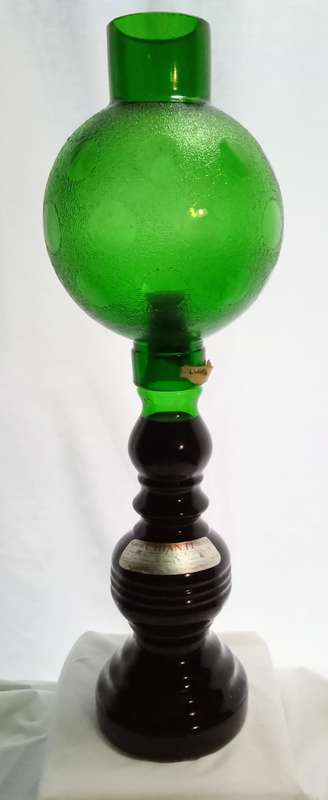 Beautiful vintage green glass Chianti wine bottle with glass shade