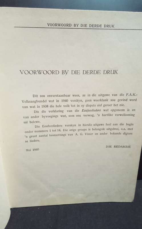 Die FAK volksangbundel Vir Suid Afrika - 1955 uitgawe in baie goeie toestand.