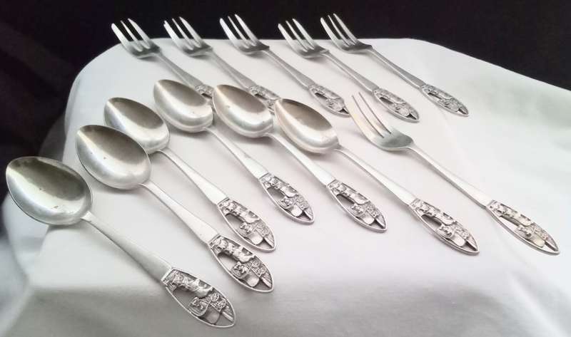 6 each - Vintage nickel silver great trek commemorative teaspoons and cake forks