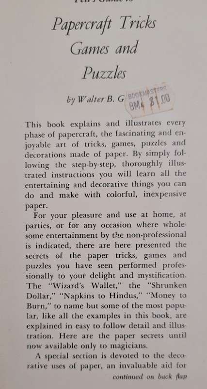 FELL`S GUIDE   PAPERCRAFT  TRICKS  GAMES  AND PUZZLES - WALTER B. GIBSON 1963