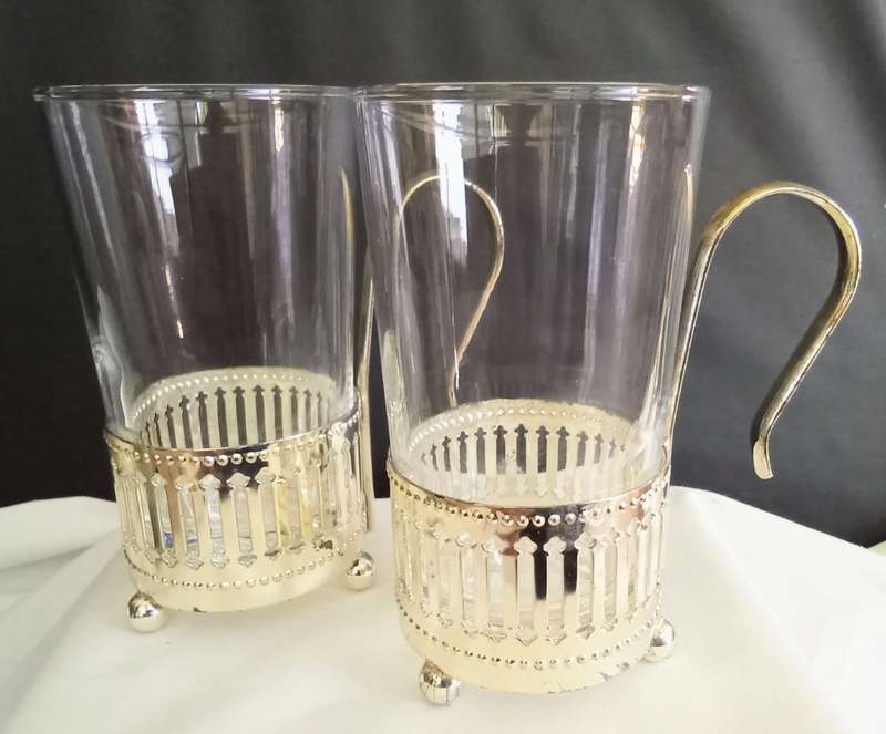 Set of 2 Beautiful Clear Glass & Silver Plate Moroccan Style Beverage Glasses