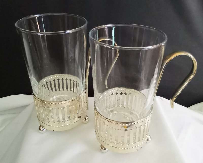 Set of 2 Beautiful Clear Glass & Silver Plate Moroccan Style Beverage Glasses