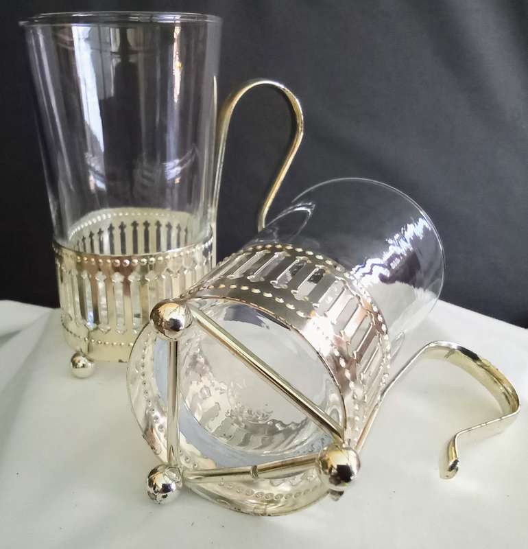 Set of 2 Beautiful Clear Glass & Silver Plate Moroccan Style Beverage Glasses