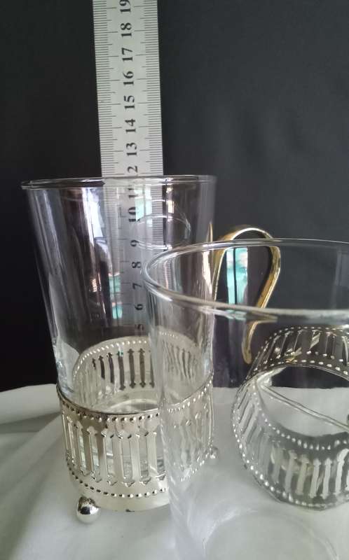 Set of 2 Beautiful Clear Glass & Silver Plate Moroccan Style Beverage Glasses