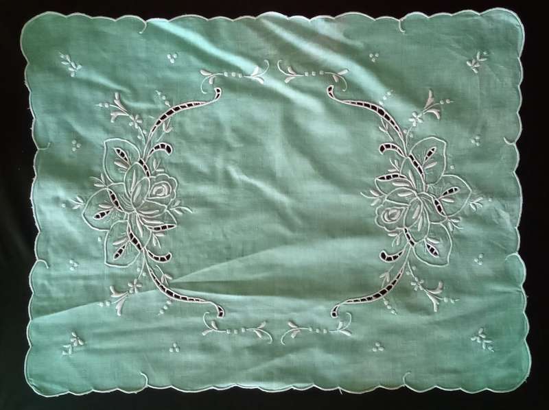 Beautiful embroidered vintage turquoise green tray cloth