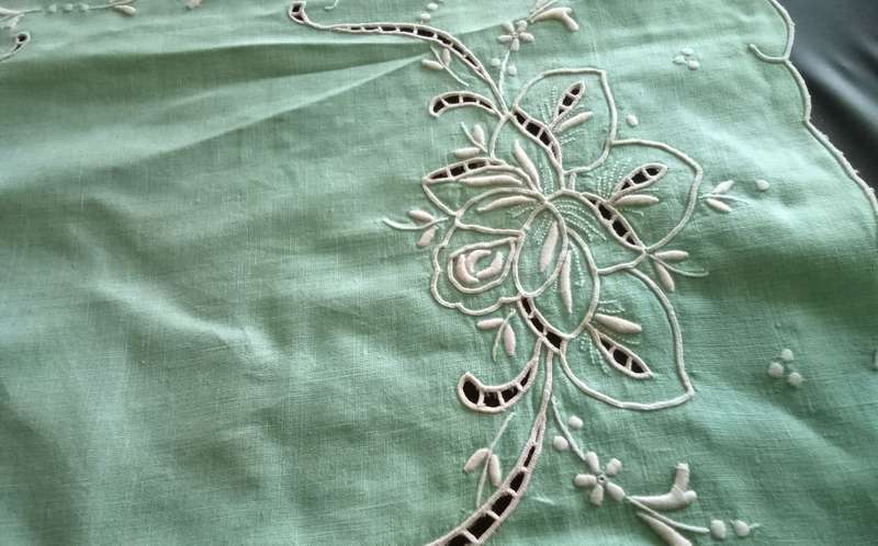 Beautiful embroidered vintage turquoise green tray cloth