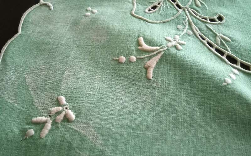Beautiful embroidered vintage turquoise green tray cloth