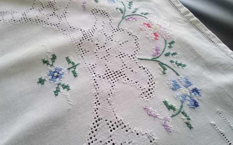 Beautiful cross stitch embroidered vintage tray cloth