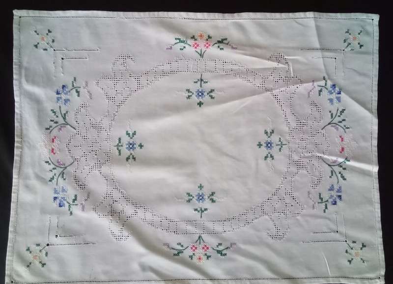 Beautiful cross stitch embroidered vintage tray cloth