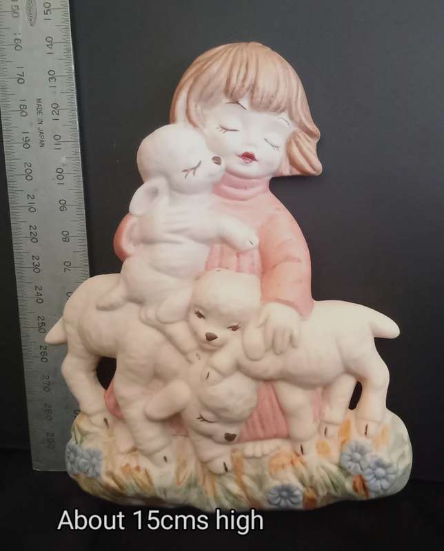 Beautiful hand painted porcelain plaque little girl with sheep (1)