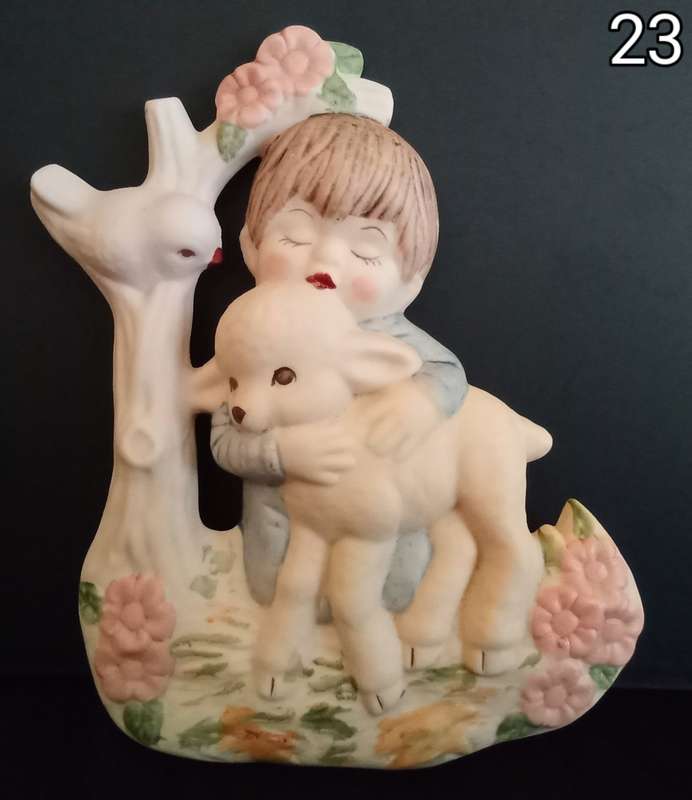 Beautiful hand painted porcelain plaque little boy with sheep (2)