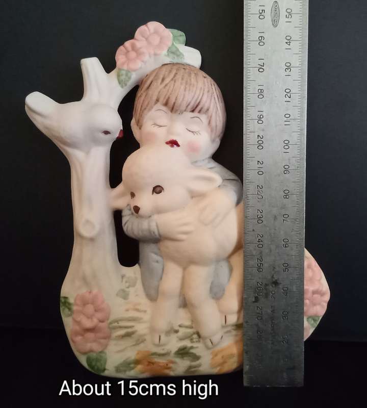 Beautiful hand painted porcelain plaque little boy with sheep (2)