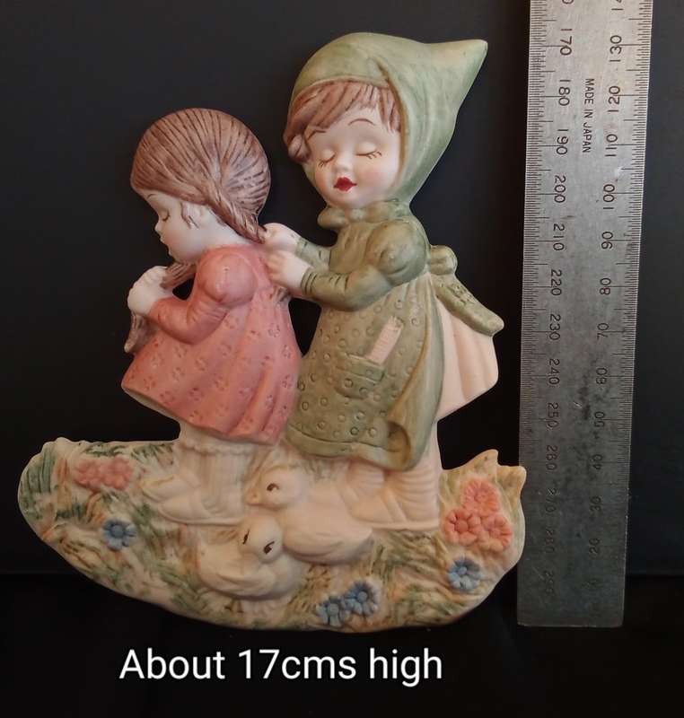 Beautiful hand painted porcelain plaque two little girls
