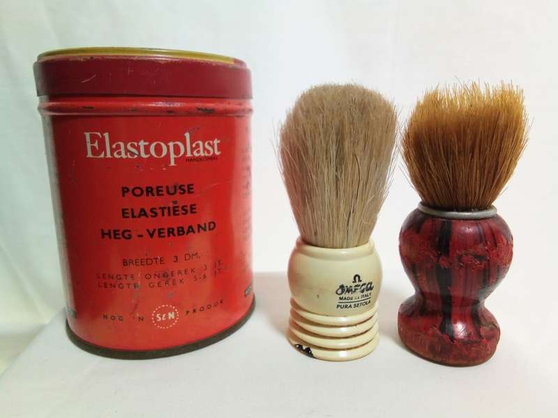 Vintage Elastoplast tin and 2 shaving brushes