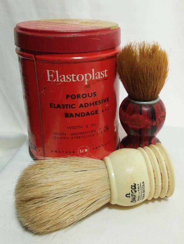 Vintage Elastoplast tin and 2 shaving brushes