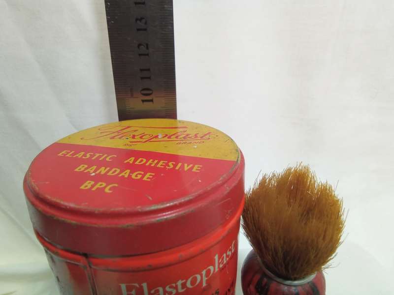 Vintage Elastoplast tin and 2 shaving brushes