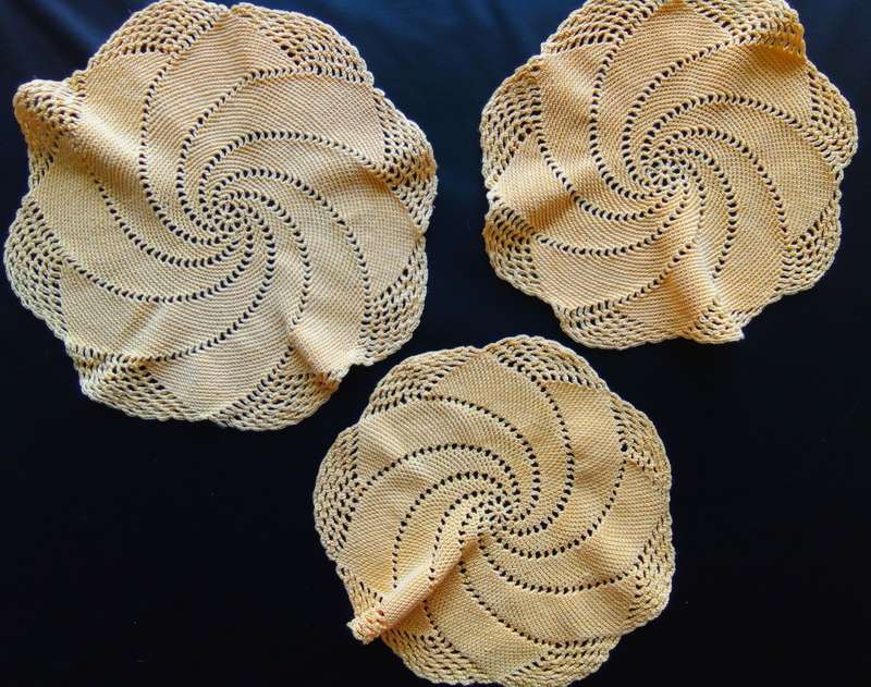 Three beautiful yellow vintage crocheted doilies