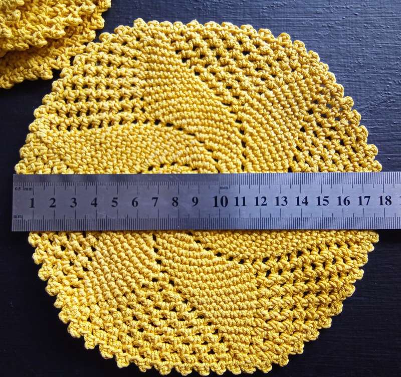 Six bright yellow vintage crocheted doilies/placemats - 18cms