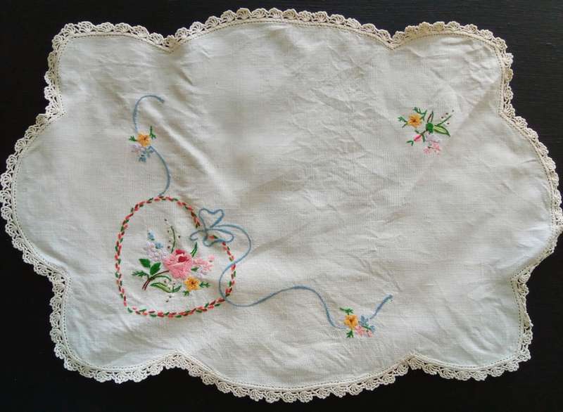 Lovely Vintage hand embroidered tray cloth - About 48cms across