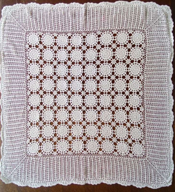 Vintage crocheted white tablecloth - About 80x80cms
