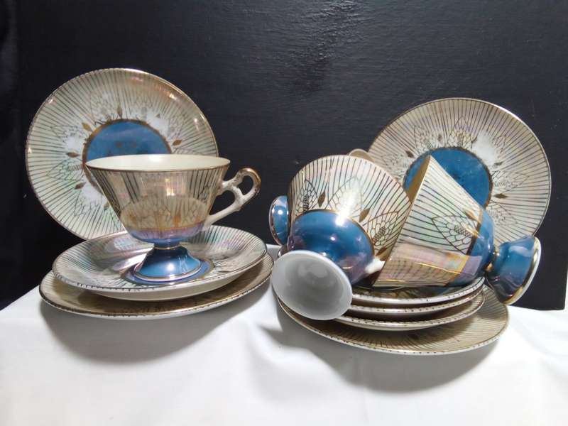 Four gorgeous vintage `Sterling China` trio`s - Lusterware Iridescent Japan