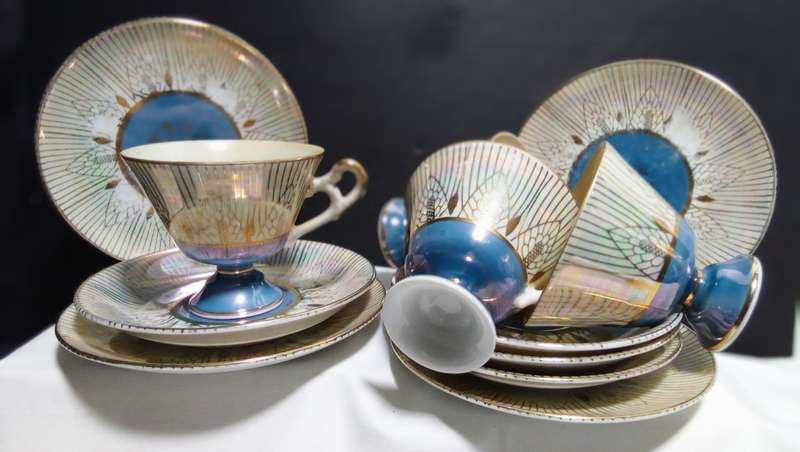 Four gorgeous vintage `Sterling China` trio`s - Lusterware Iridescent Japan