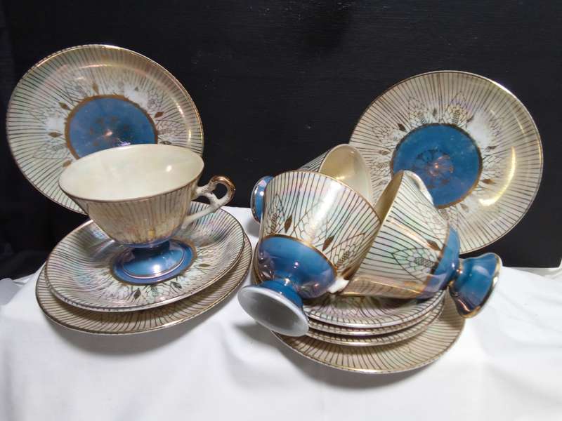 Four gorgeous vintage `Sterling China` trio`s - Lusterware Iridescent Japan