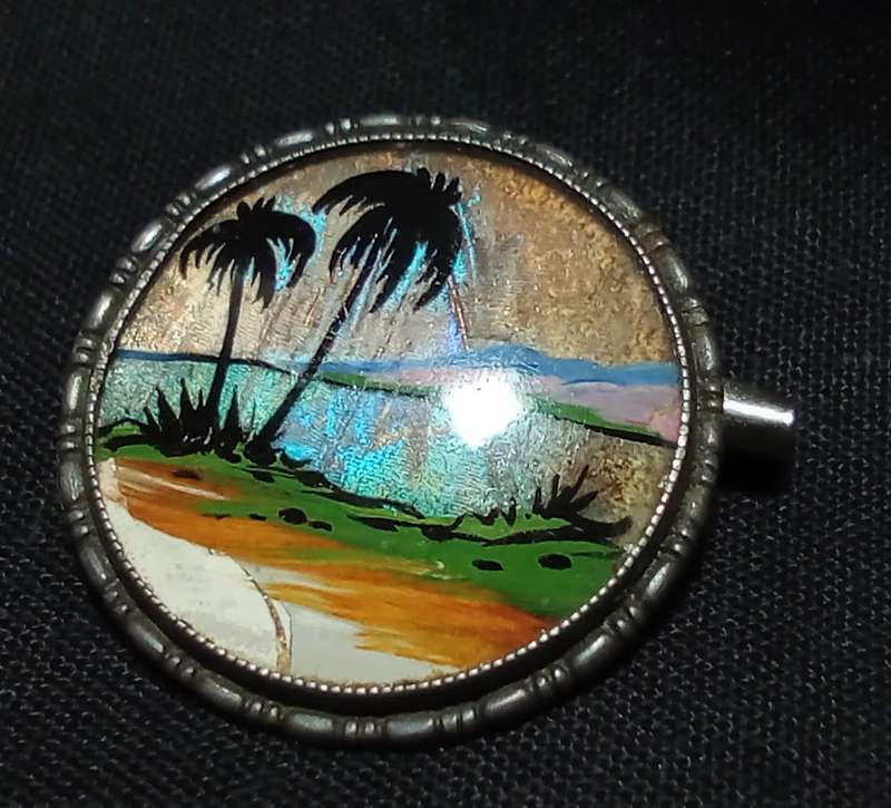 Small TLM Sterling England Tropical Scene Butterfly Wing Pin Brooch