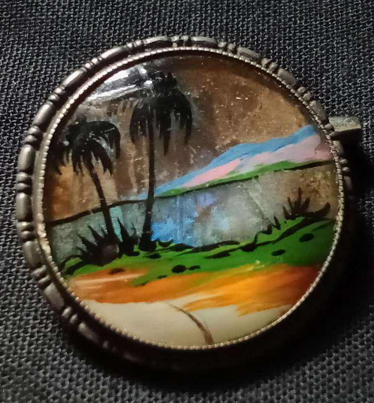 Small TLM Sterling England Tropical Scene Butterfly Wing Pin Brooch