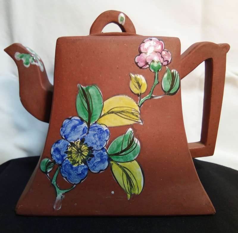 Antique Yixing Zisha Clay Teapot with Colorful Glaze Of flowers, signed.