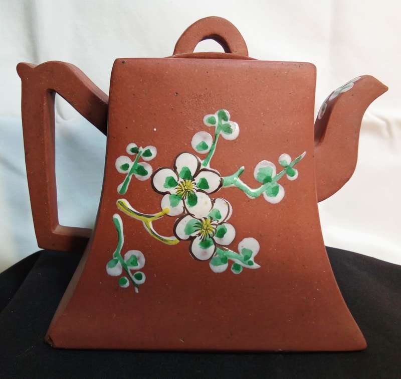 Antique Yixing Zisha Clay Teapot with Colorful Glaze Of flowers, signed.