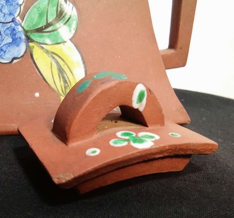 Antique Yixing Zisha Clay Teapot with Colorful Glaze Of flowers, signed.