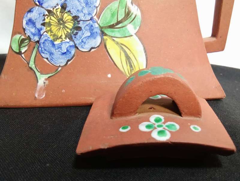 Antique Yixing Zisha Clay Teapot with Colorful Glaze Of flowers, signed.
