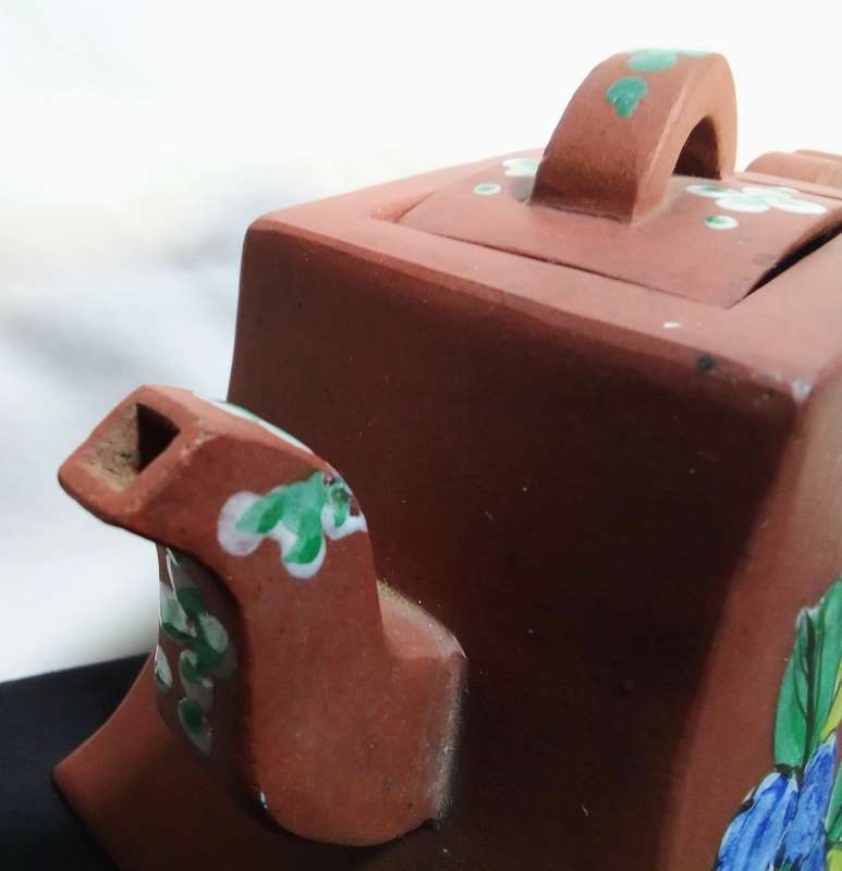 Antique Yixing Zisha Clay Teapot with Colorful Glaze Of flowers, signed.