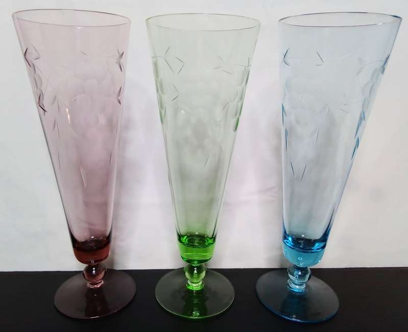 3 Tall Vintage MCM 1960s Harlequin Bevel Cut Bubble Stem Multicoloured Occasional Glass flutes