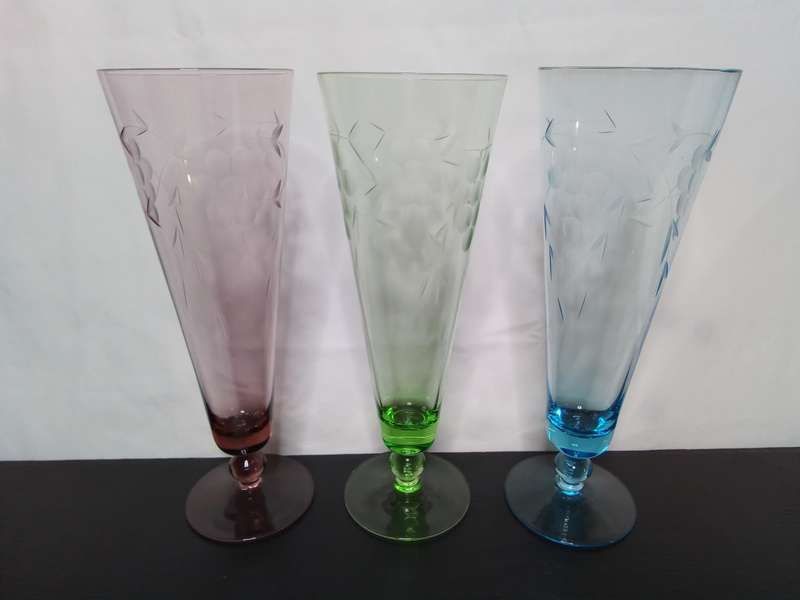 3 Tall Vintage MCM 1960s Harlequin Bevel Cut Bubble Stem Multicoloured Occasional Glass flutes