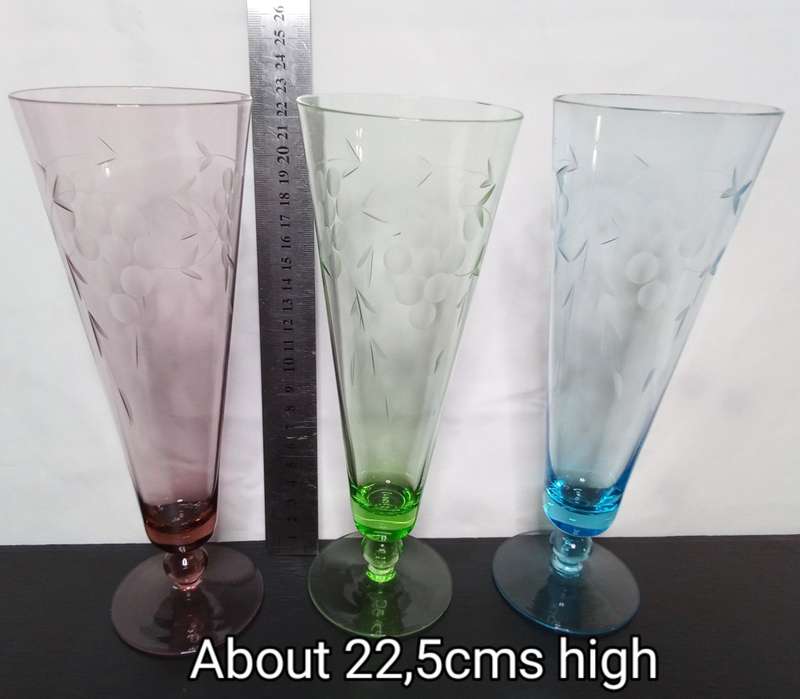 3 Tall Vintage MCM 1960s Harlequin Bevel Cut Bubble Stem Multicoloured Occasional Glass flutes