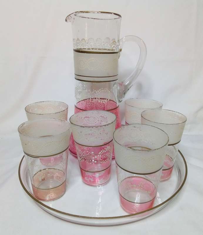 Antique bohemian Moser lemonade set with glass tray