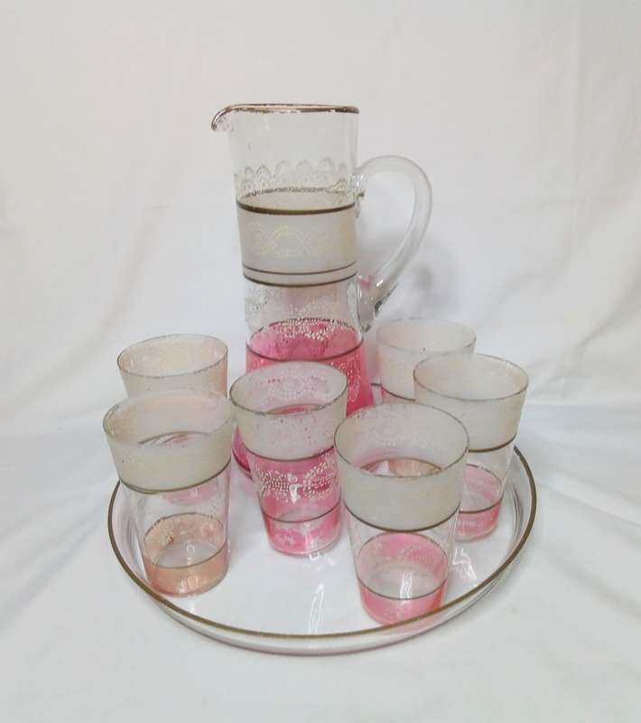 Antique bohemian Moser lemonade set with glass tray