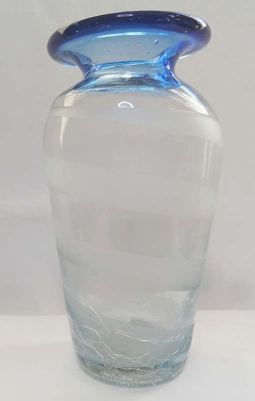 Lovely little gradient clear to blue crackle glass vase with sandblasting