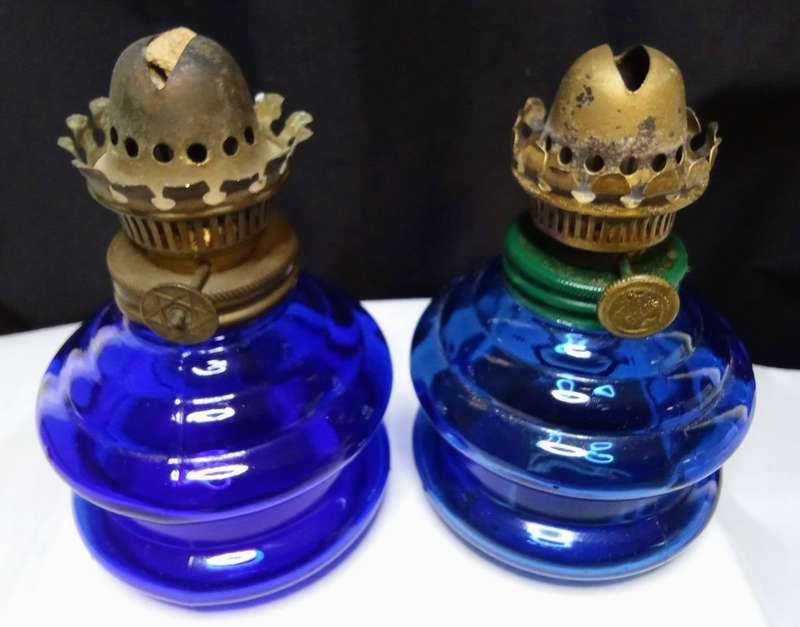 Two gorgeous Vintage medium sized blue glass oil lamp bases